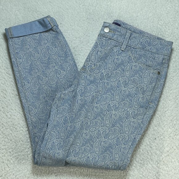 NYDJ Jeans Womens 4 Blue Paisley Rachel Roll Cuff Ankle Mid Rise Denim 29x25 - Picture 1 of 14